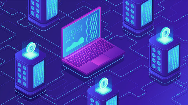 Isometric mining farm concept. Bitcoin mining farm, cryptocurrency mining concept. Blockchain server room racks and laptop on ultraviolet background. Vector 3d isometric illustration