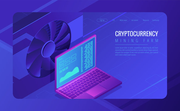 Isometric mining farm landing page concept. GPU mining farm, cryptocurrency mining concept. Blockchain video card farm and laptop on ultraviolet background. Vector 3d isometric illustration