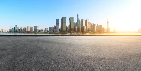 Foto op Plexiglas empty asphalt square road and city skyline in shanghai at sunset © ABCDstock