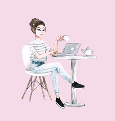 watercolor girl work at cafe with cup of coffee, laptop on pink background