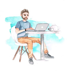 watercolor man work with laptop in cafe on freelance on mint background - 205007290