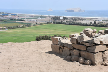 Views out to the Pacific Ocean from the Pachacamac archaeological site, Lima, Peru