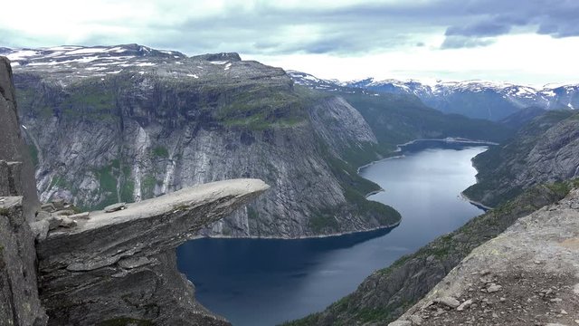 Beautiful Norway Mountains Landscape. Aerial Vibrant View on famous Norwegian tourist place Trolltunga Path. 4K Ultra HD