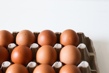 Close-up view of raw chicken eggs in egg box isolated with white background