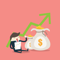 Business man sit near money bag with growing graph investment concept
