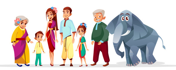 Vector cartoon thai family asian characters set. Happy Thailand siam senior woman, man near elephant, parents, adult couple, teen boy girl in national costume with flowers in hair