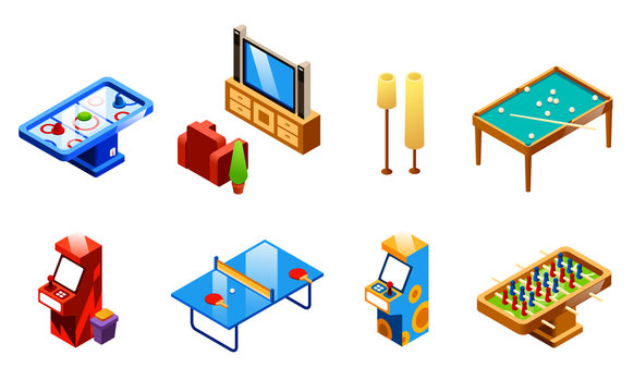 Vector isometric recreation room entertainments and amusements set. Table tennis or ping-pong, foosball and air hockey, TV set with armchair, two slot machines and snooker table with cue, floor lamps