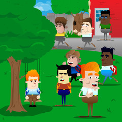 Boys in the yard standing and running. Vector cartoon character illustration.