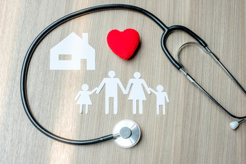 Red heart, Family, House  and Stethoscope. Healthcare and  Insurance concept