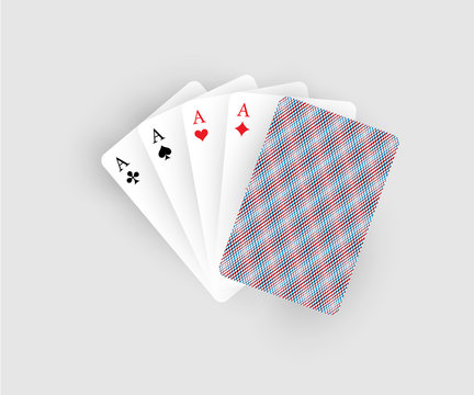 Playing cards illustration. Vector five cards with four aces isolated on gray.