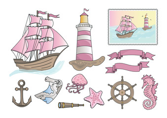 Cartoon Clipart PINK SEA Color Vector Illustration Magic Beautiful Picture Paint Drawing Set Scrapbooking Baby Book Fairytale Greeting Print Card Album Digital Paper Birthday