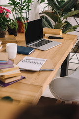 laptop with blank screen on wooden table with potted plants in office