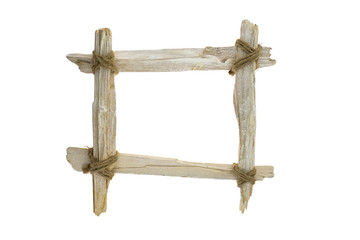 Driftwood frame. rectangular frame of white sea snags and twine isolated on white background. Driftwood Mockup.Blank empty .  top view, copy space