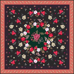 Silk scarf with bunches of garden flowers and paisley frame in ethnic style. Vector summer design.