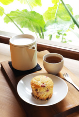 Fresh homemade muffin with tea for breakfast 