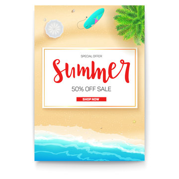 Poster with summer beach seashore for touristic events, travel agency actions. Summer sale banner with fifty percent discount. Tropical landscape, ocean, gold sand, sun umbrella, surfboard, top view.