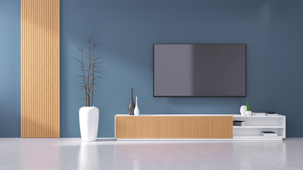 TV cabinet interior modern room design with dark blue wall ,Cozy Living style ,3d illustration