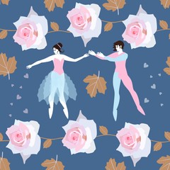Seamless pattern with cute ballet dancers, hearts, leaves of viburnum and wreaths of roses on blue background. Vector illustration.
