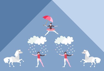 Funny ballet dancers, clouds, rain from little hearts and cute cartoon horses isolated on blue background. Space for text. Beautiful vector illustration.