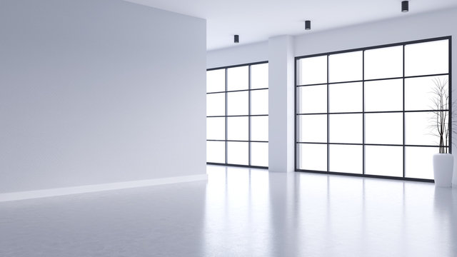 Modern empty living room interior ,white wall and concrete floor with black frame window,3drender