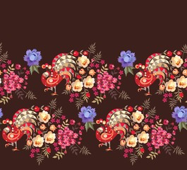 Seamless horizontal border in folk style. Funny peacocks and beautiful flowers isolated on brown background. Indian , russian motives. Vector summer design.