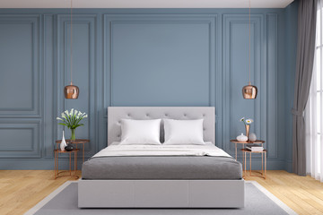 Modern and vintage bedroom design,Cozy gray room concept ,blue wall and wood floor,3d rendering
