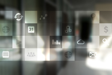 Virtual screen interface with applications icons. APPS. Strategy planning Internet technology concept.