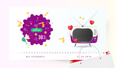 Super sale 30% off. The concept for big discounts with doodle icon, a retro TV and red hearts on a light background. Flat vector illustration EPS10