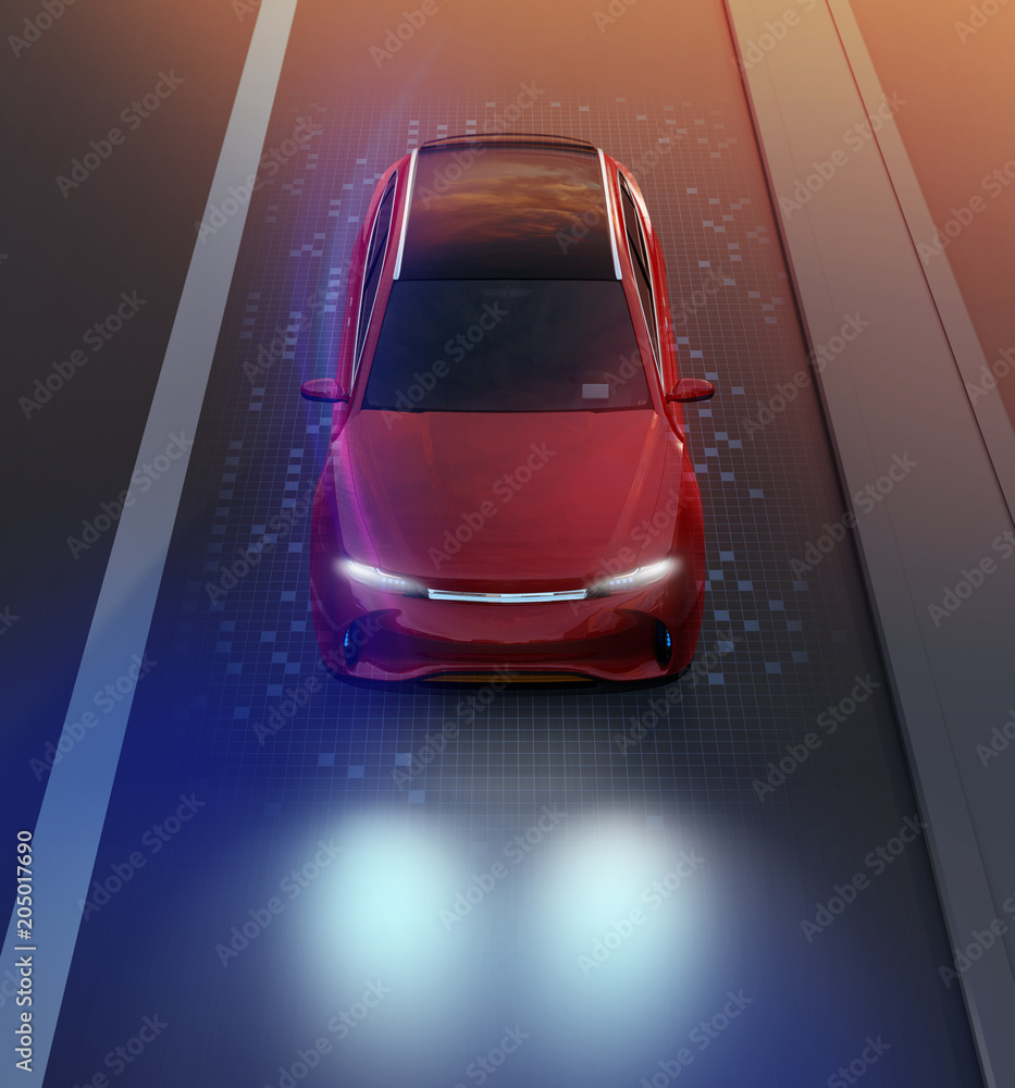 Poster front view of red suv driving on the road with graphic mesh pattern retouched. night traffic. 3d ren