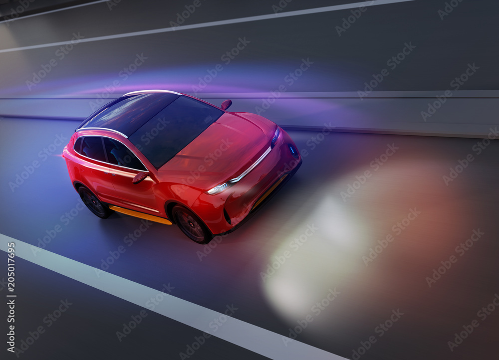 Poster red suv driving on the road with graphic mesh pattern retouched. night traffic. 3d rendering image.