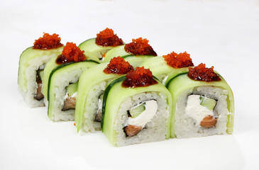 Cucumber roll (salmon, cucumber, Philadelphia cheese, Unagi sauce, Tobiko)