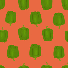 Seamless pattern with vegetables on a bright background. Green pepper on a red background. Vegetable print. Vector illustration