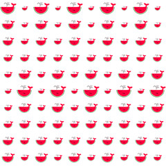 Whale cartoons of ripe watermelon slices vector print illustration. Isolated red and green water melon fruit whales. Summer pattern design.  Vector watermelon berry dessert ocean animals.