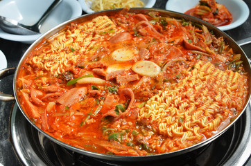 Close up of budae Jjigae hot pot           