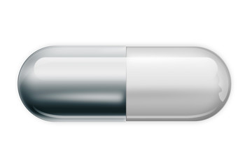 A tablet in the form of a capsule of silver color, isolated on white background. The concept of medicine, treatment, treatment.