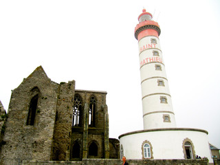 ST MATHIEU, St Mathieu lighthouse and ruined Abbey at Pointe de St Mathieu, Brittany 