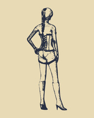 Fototapeta na wymiar Beautiful sexy fitness girl. Pretty woman wearing lingerie. Back view. Vintage engraved illustration