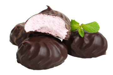 Pink marshmallows in chocolate