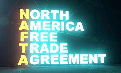 Acronym NAFTA - North American Free Trade Agreement. Business conceptual image. 3D rendering. Neon bulb illumination. Global teamwork.