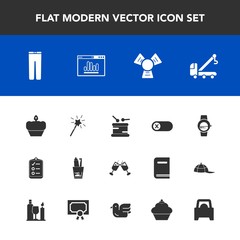 Modern, simple vector icon set with energy, wine, clothes, list, music, fashion, sweet, vehicle, off, red, dental, dessert, drum, cooler, tow, magic, time, pants, cold, check, musical, alcohol icons
