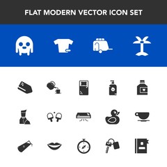 Modern, simple vector icon set with tag, bed, conditioner, summer, cup, care, kid, discount, fun, mouth, vehicle, price, transportation, child, fashion, palm, tropical, monster, restaurant, sale icons