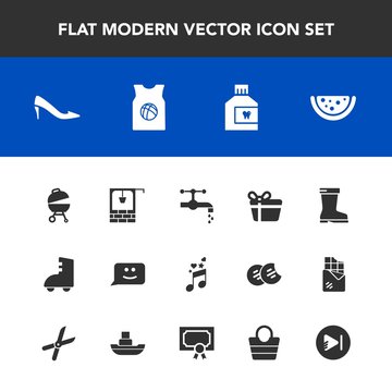 Modern, simple vector icon set with video, sound, grill, tap, roller, fashion, gift, face, chat, holiday, care, sport, female, music, watermelon, faucet, leather, team, stone, note, bag, dental icons