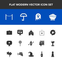 Modern, simple vector icon set with video, monster, king, cake, chess, medical, candy, travel, piece, weather, lollipop, sweet, rain, fiction, download, media, fence, sailboat, health, brush icons