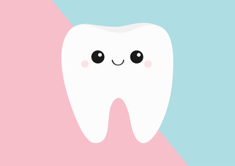 Healthy tooth icon. Cute kawaii face with eyes and smile. Flat design. Oral dental hygiene. Children teeth care. Shining effect. Healthcare. Pink blue pastel color paper background.