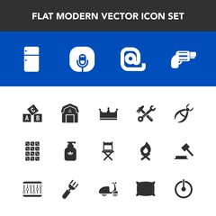 Modern, simple vector icon set with alphabet, spanner, natural, hygiene, clinic, abc, staple, pistol, equipment, wrench, bar, dentistry, weapon, food, dessert, hammer, communication, seat, king icons