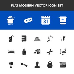 Modern, simple vector icon set with fruit, baggage, fresh, calendar, drill, folder, caravan, dish, juice, airport, hotel, dentistry, timetable, page, office, tool, book, towel, bed, bag, journey icons
