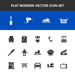 Modern, simple vector icon set with japan, ship, screen, call, electricity, equipment, ocean, tv, vehicle, armchair, power, boat, message, car, hairdryer, television, chair, mixer, pen, luggage icons