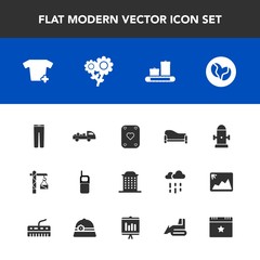 Modern, simple vector icon set with department, trousers, safety, floral, old, delivery, travel, telephone, room, nature, saw, clothes, luggage, blossom, fire, city, coffee, hydrant, shipping icons