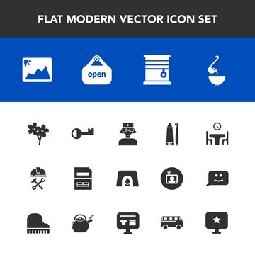Modern, simple vector icon set with care, construction, curtain, fireplace, file, picture, document, toothbrush, warm, computer, data, spoon, family, dinner, foreman, home, frame, photo, open icons