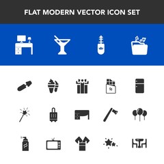 Fototapeta premium Modern, simple vector icon set with chocolate, home, food, work, juice, star, music, fridge, cocktail, office, bar, brush, magic, fashion, dessert, baggage, cream, desk, bag, sweet, table, black icons